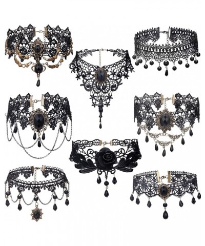 8Pcs Halloween Elegant Sexy Women Retro Gothic Punk Style Necklace Black Lace Neck Chain Collar Statement Choker Victorian St...