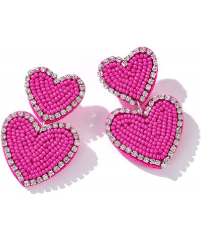 Beaded Heart Shaped Earrings - Handmade Statement Heart Dangle Earrings Gift for Valentine's Day and Mother's Day HOT PINK - ...