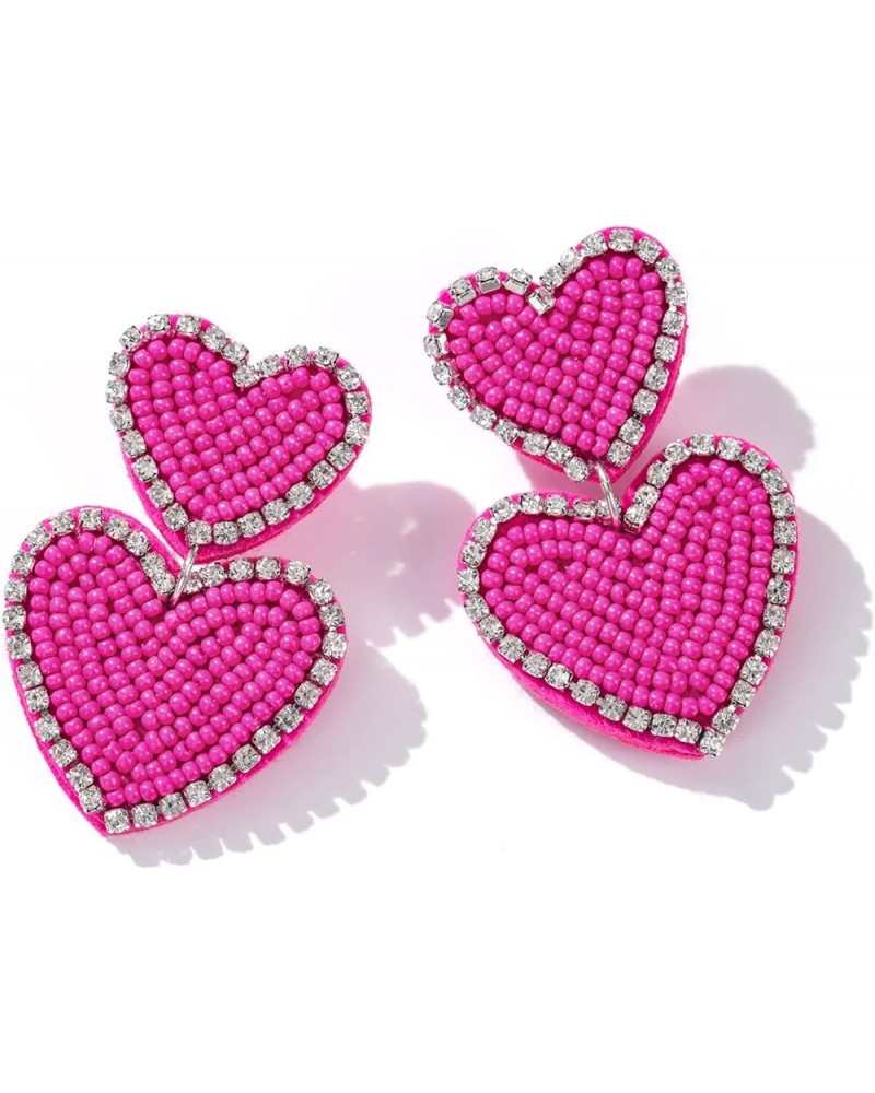 Beaded Heart Shaped Earrings - Handmade Statement Heart Dangle Earrings Gift for Valentine's Day and Mother's Day HOT PINK - ...