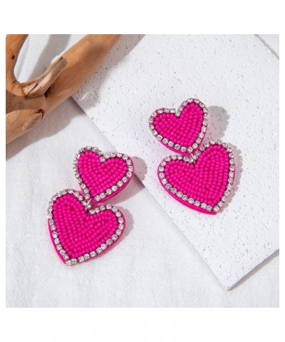 Beaded Heart Shaped Earrings - Handmade Statement Heart Dangle Earrings Gift for Valentine's Day and Mother's Day HOT PINK - ...