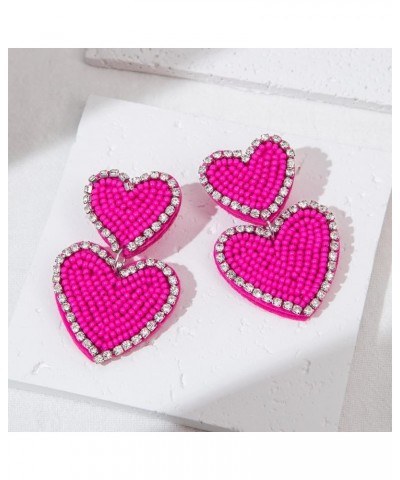 Beaded Heart Shaped Earrings - Handmade Statement Heart Dangle Earrings Gift for Valentine's Day and Mother's Day HOT PINK - ...