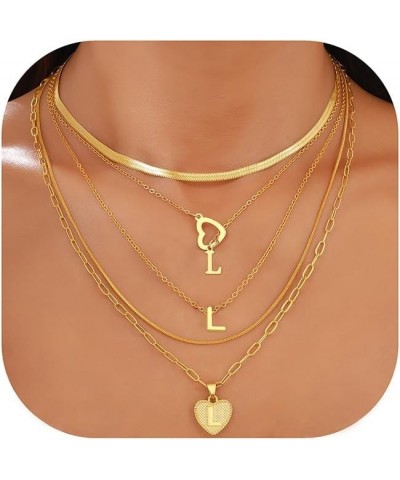 5 Pcs Gold Initial Necklaces for Women Girls, 14K Gold Plated Letter Heart Pendant Necklaces, Dainty Flat Snake Chain Layerin...