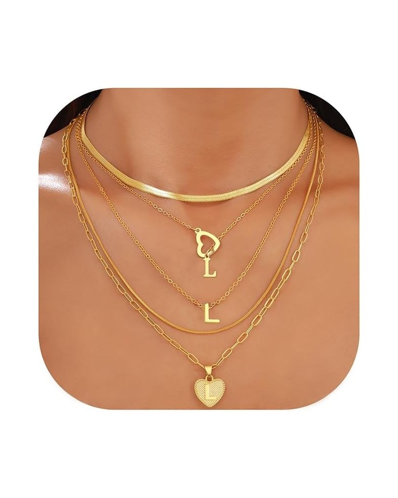 5 Pcs Gold Initial Necklaces for Women Girls, 14K Gold Plated Letter Heart Pendant Necklaces, Dainty Flat Snake Chain Layerin...