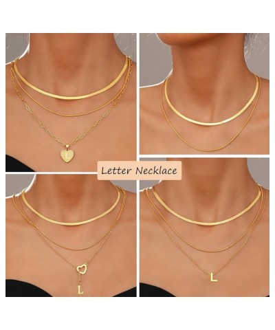 5 Pcs Gold Initial Necklaces for Women Girls, 14K Gold Plated Letter Heart Pendant Necklaces, Dainty Flat Snake Chain Layerin...