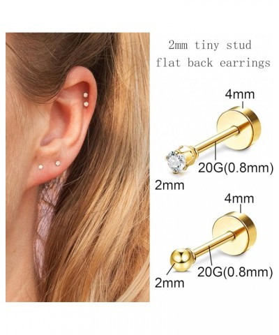 2mm Tiny Gold Flat Back Stud Earrings for Women Men Hypoallergenic Surgical Steel Silver Stud Earrings Comfy Screw Back Carti...