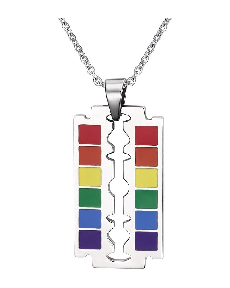 Stainless Steel Rainbow Flag LGBT Gay Lesbian Pride Dog Tag Pendant Necklace Gift for Men Women Razor Blade $7.10 Necklaces