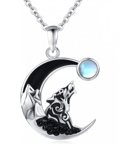 Wolf Necklace 925 Sterling Silver Moonstone Crescent Moon Wolf Pendant Christmas Viking Howling Wolf Necklace Wolf Jewelry Gi...