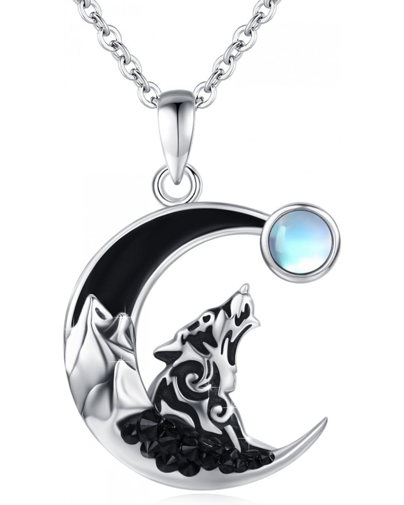 Wolf Necklace 925 Sterling Silver Moonstone Crescent Moon Wolf Pendant Christmas Viking Howling Wolf Necklace Wolf Jewelry Gi...