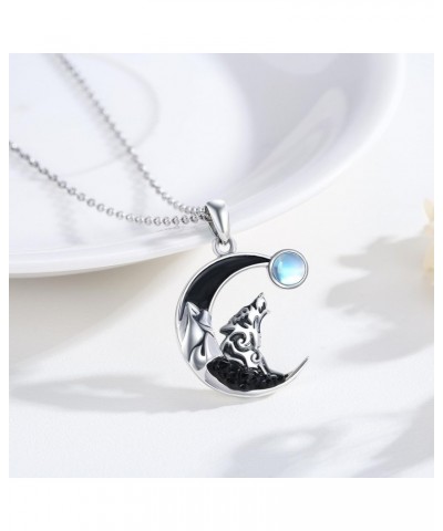 Wolf Necklace 925 Sterling Silver Moonstone Crescent Moon Wolf Pendant Christmas Viking Howling Wolf Necklace Wolf Jewelry Gi...