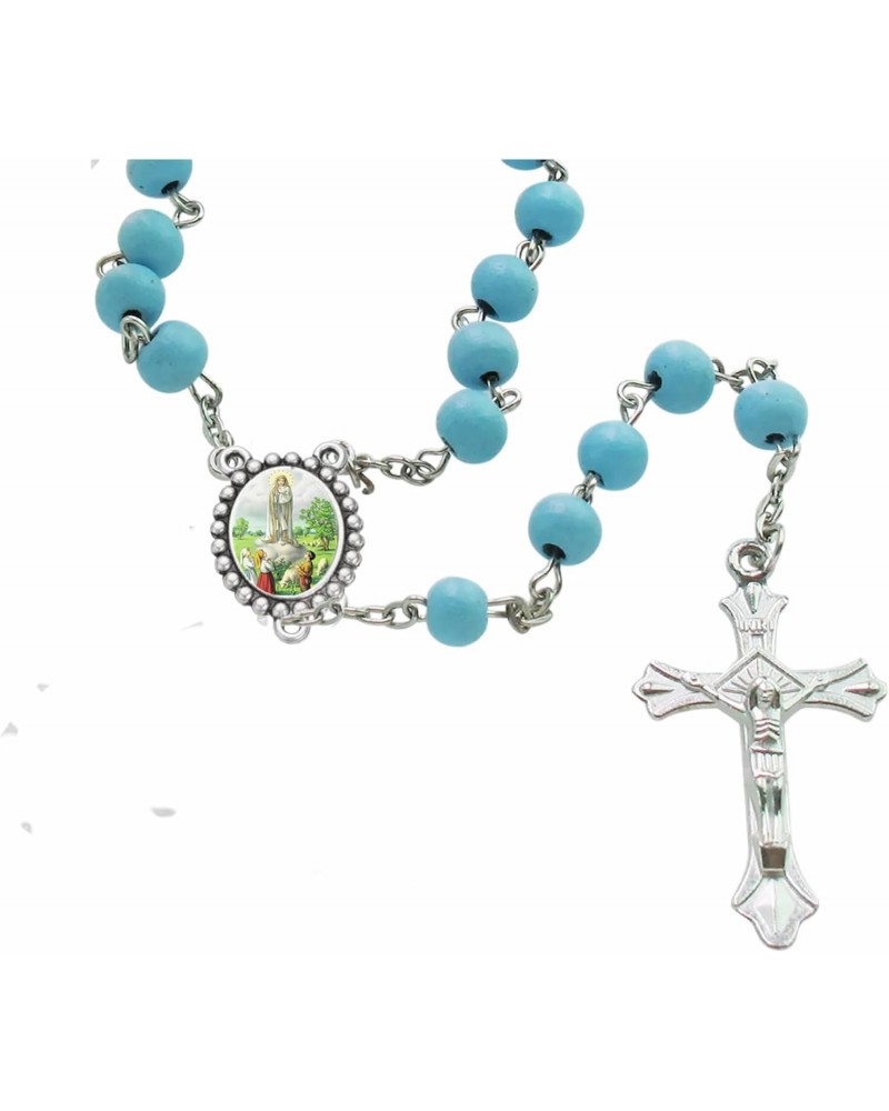 Lady of Fatima Italian Sky Blue Glass Rosary Silver Plated Findings Centerpiece & Free HC $16.63 Necklaces