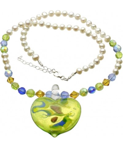 Green Murano-style Style Glass Heart Freshwater Cultured Pearl Necklace $9.43 Necklaces