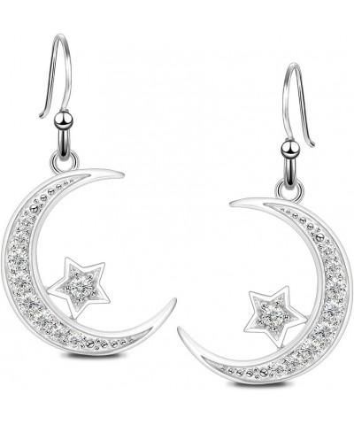 Sterling Silver Round Cubic Zirconia Crescent Moon & Star Dangle Earrings Star Jewelry for Women Mom $14.15 Earrings