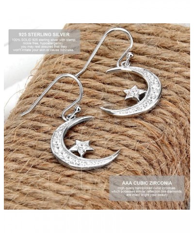 Sterling Silver Round Cubic Zirconia Crescent Moon & Star Dangle Earrings Star Jewelry for Women Mom $14.15 Earrings