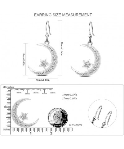 Sterling Silver Round Cubic Zirconia Crescent Moon & Star Dangle Earrings Star Jewelry for Women Mom $14.15 Earrings