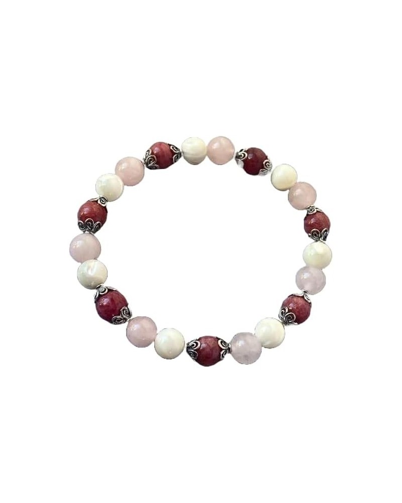 WWG Thulite, Rose Quartz and Mother of Pearl 8mm rondelle smooth 7inch Natural Gemstones Beaded Bracelets for Men Women Heali...