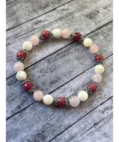 WWG Thulite, Rose Quartz and Mother of Pearl 8mm rondelle smooth 7inch Natural Gemstones Beaded Bracelets for Men Women Heali...