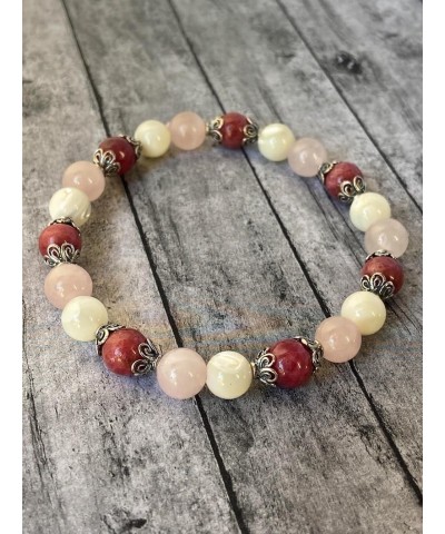 WWG Thulite, Rose Quartz and Mother of Pearl 8mm rondelle smooth 7inch Natural Gemstones Beaded Bracelets for Men Women Heali...