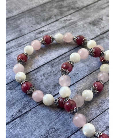 WWG Thulite, Rose Quartz and Mother of Pearl 8mm rondelle smooth 7inch Natural Gemstones Beaded Bracelets for Men Women Heali...