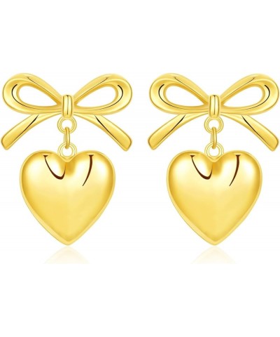 Gold Heart Dangle Earrings for Women Double Heart Statement Dangle Earrings Ribbon Bow Dangle Earrings Sweet Love Earrings Go...