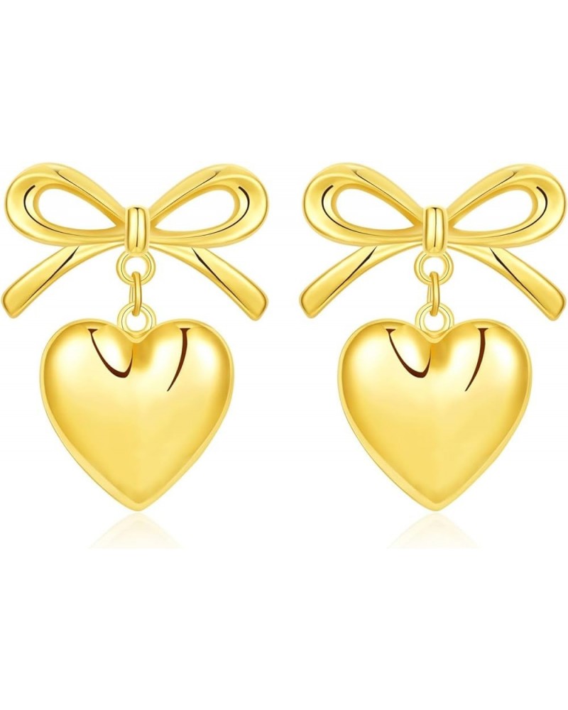 Gold Heart Dangle Earrings for Women Double Heart Statement Dangle Earrings Ribbon Bow Dangle Earrings Sweet Love Earrings Go...