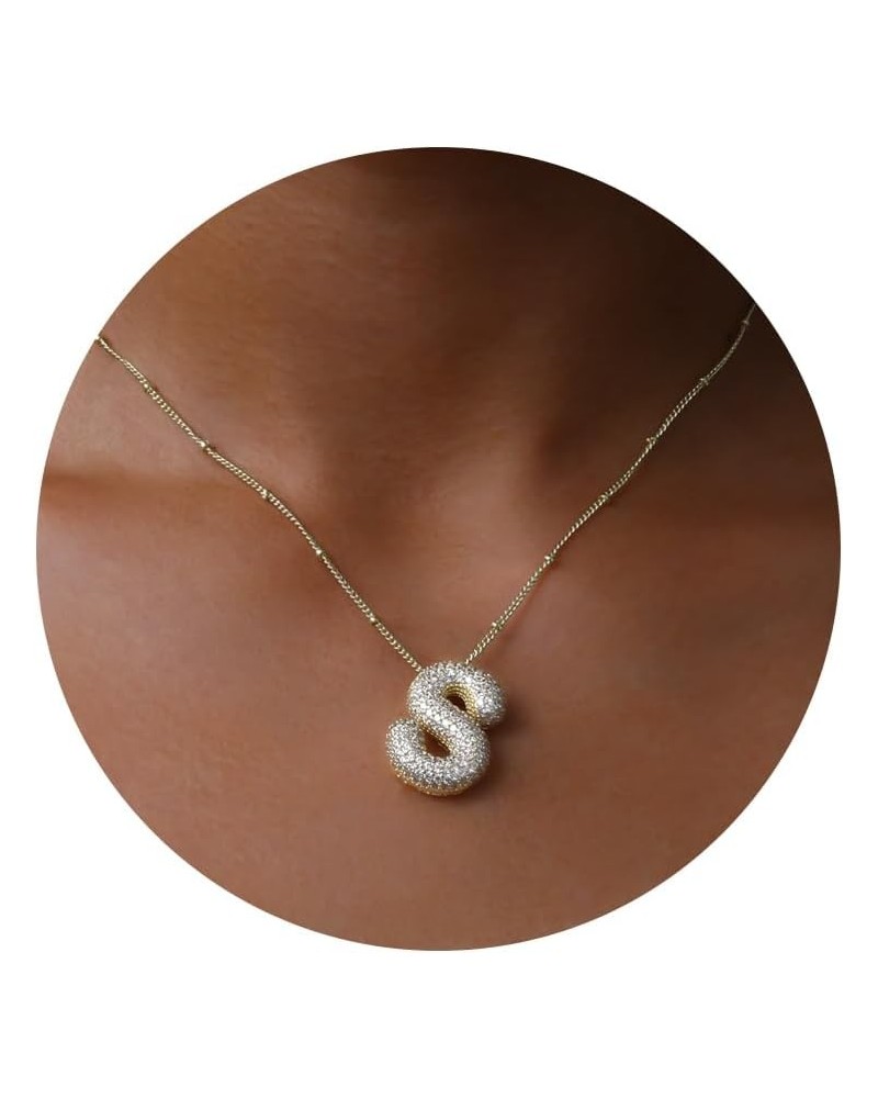 A-Z Bubble Letter Necklace Gold Balloon Initial Necklaces Rhinestone Letter Pendant Necklaces for Women Trendy S $5.69 Necklaces