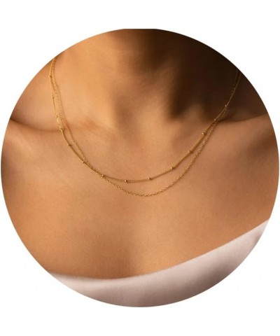 Herringbone Necklace for Women, Dainty Gold Necklace 14k Gold Plated Layered Snake Chain Necklace Simple Gold Beaded Papercli...