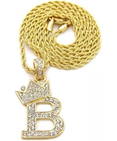 Unisex Small Pave Crowned Initial Alphabet Letter Pendant 24 inches Rope Chain Necklace in Gold Silver Tone B - Gold Tone $13...