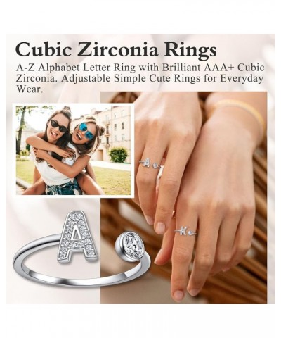 925 Sterling Silver Cursive CZ Initial Ring, Dainty Adjustable Open A-Z Alphabet Letter Rings for Women (with Gift Box) Z $10...