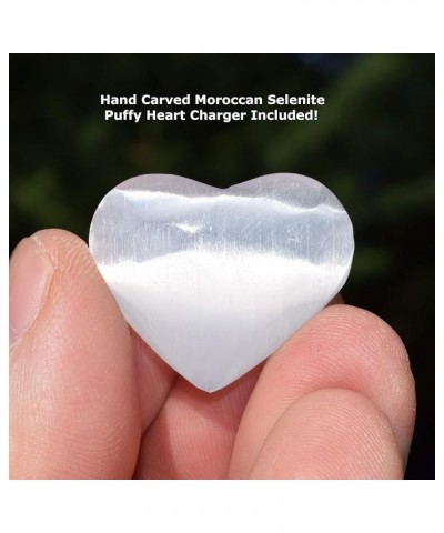 CHARGED Natural Himalayan Gemstone Crystal Puffy Heart Pendant Necklace + 20" Silver Chain + Selenite Charging Heart [Include...