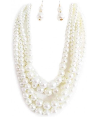 Women's 5 Colorful Multi Strands Simulated Pearl Bib Necklace And Earrings Jewelry Set, 16"+3" Extender Cream $17.84 Jewelry ...