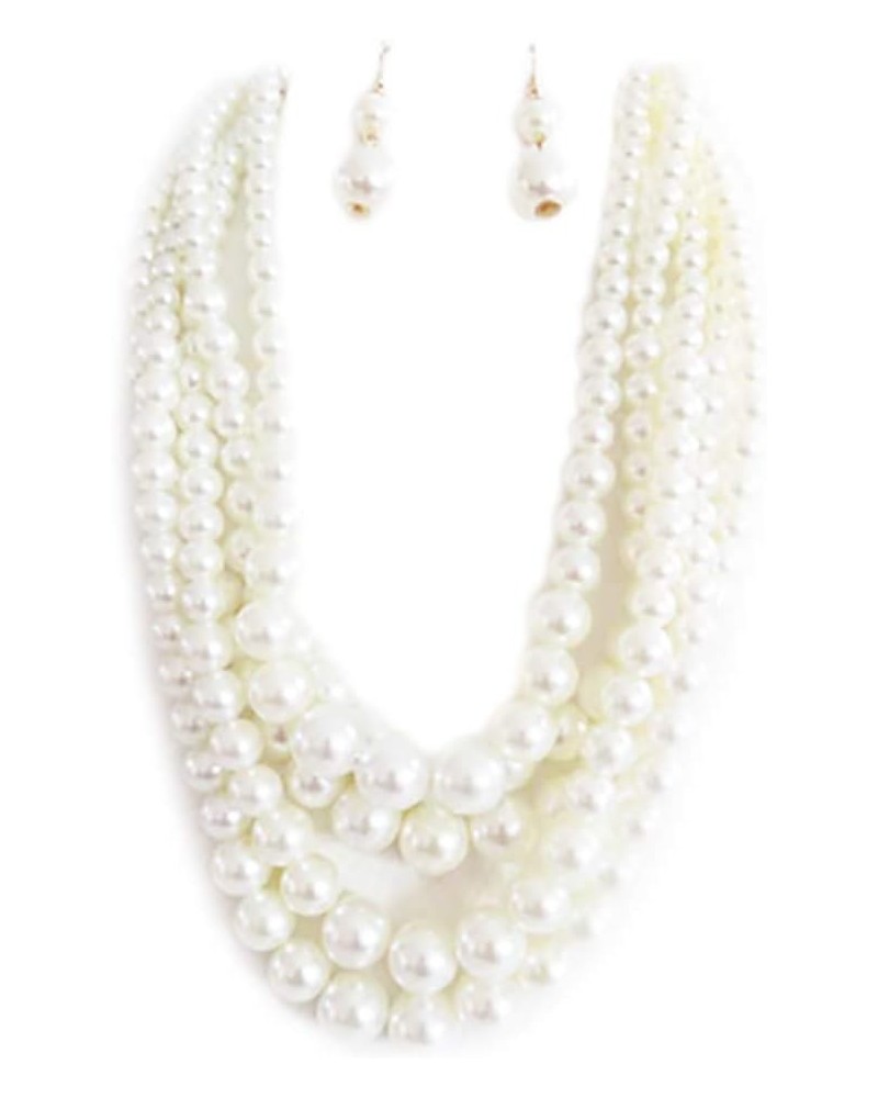 Women's 5 Colorful Multi Strands Simulated Pearl Bib Necklace And Earrings Jewelry Set, 16"+3" Extender Cream $17.84 Jewelry ...