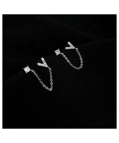 CZ Heart Double Piercing Chain Earrings 925 Sterling Silver Round V Zircon Studs Earring for Women Girls Cute Cuff Wrap Crawl...