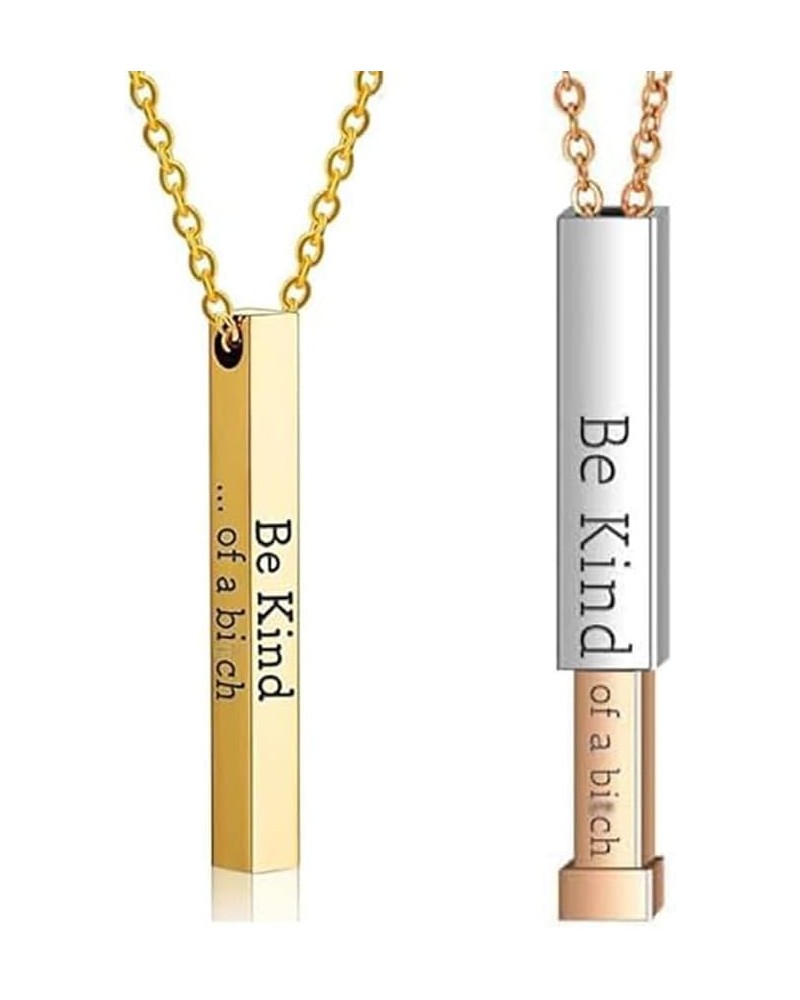 2PCS Be Kind...Of A Bi*ch-3D Engraving Vertical Bar Necklace, Be Kind...Of A Bi*ch - Hidden Message Necklace,Stainless Steel ...