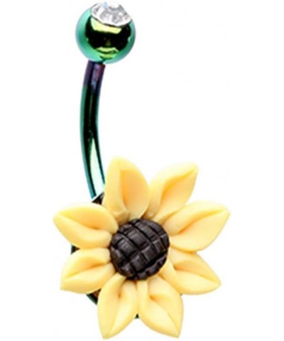 14G Green Stainless Steel CZ Crystal Sunflower Belly Button Ring $8.75 Body Jewelry