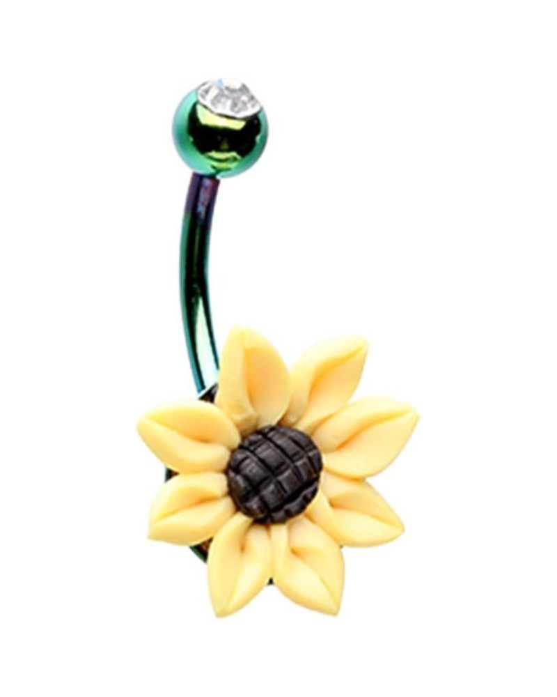 14G Green Stainless Steel CZ Crystal Sunflower Belly Button Ring $8.75 Body Jewelry