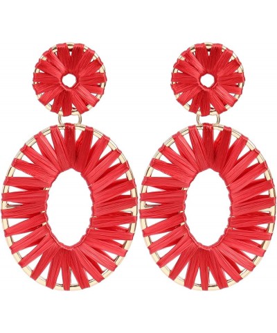 Raffia Tassel Hoop Drop Earrings Handmade Fashion Statement Jewelry for Women Girls Red $10.19 Earrings