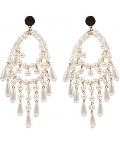 Big Long White Teardrop Bead Simulated Pearl Dangle Earrings for Women Gold Color Metal Statement Drop $8.39 Earrings