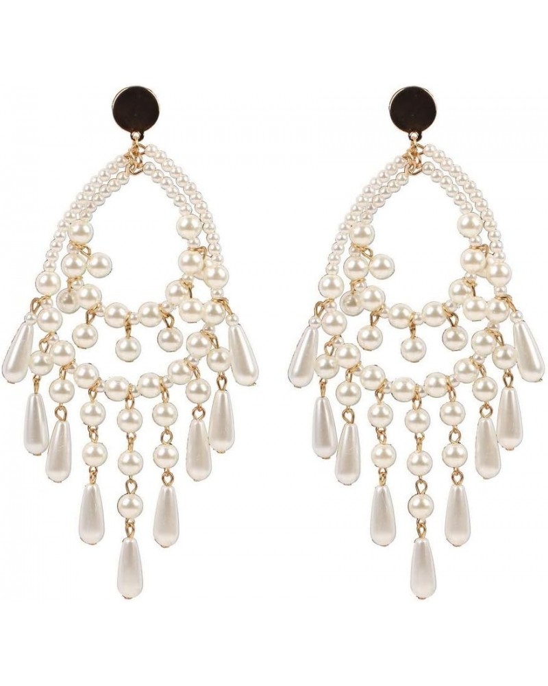 Big Long White Teardrop Bead Simulated Pearl Dangle Earrings for Women Gold Color Metal Statement Drop $8.39 Earrings