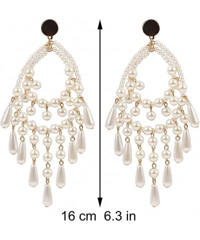 Big Long White Teardrop Bead Simulated Pearl Dangle Earrings for Women Gold Color Metal Statement Drop $8.39 Earrings