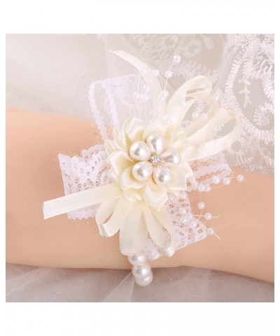 4Pcs Bridesmaid White Pearl Wrist Corsage Bracelet Wristlet Band Bridal Dusty Corsage Girl Women Hand Flowers Boutonnieres fo...