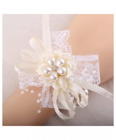 4Pcs Bridesmaid White Pearl Wrist Corsage Bracelet Wristlet Band Bridal Dusty Corsage Girl Women Hand Flowers Boutonnieres fo...