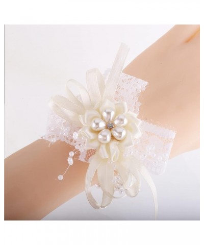 4Pcs Bridesmaid White Pearl Wrist Corsage Bracelet Wristlet Band Bridal Dusty Corsage Girl Women Hand Flowers Boutonnieres fo...