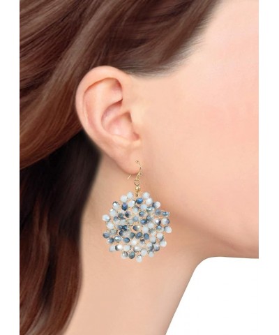 Handwired Crystal Beaded Cluster Floral Circle Dangle Drop Earrings for Women Blue- Frosted $11.19 Earrings