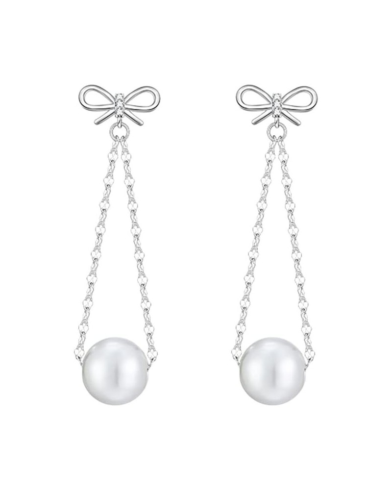 Sterling Silver Pearls Dangle Earrings Chain for Women Teen Girls Pearls Drop Earrings Bow Studs A-Silver $10.19 Earrings