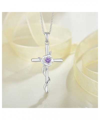 Cross Necklace for Women 925 Sterling Silver Rose Flower Birthstone Pendant Crucifix Faith Religion Necklace Created Gemstone...