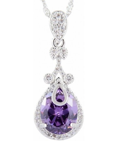 Pendant with 18" Chain & Oval Cut CZ [5 Colors available] in White Gold Plated, Simple Modern Elegant Purple $7.41 Necklaces