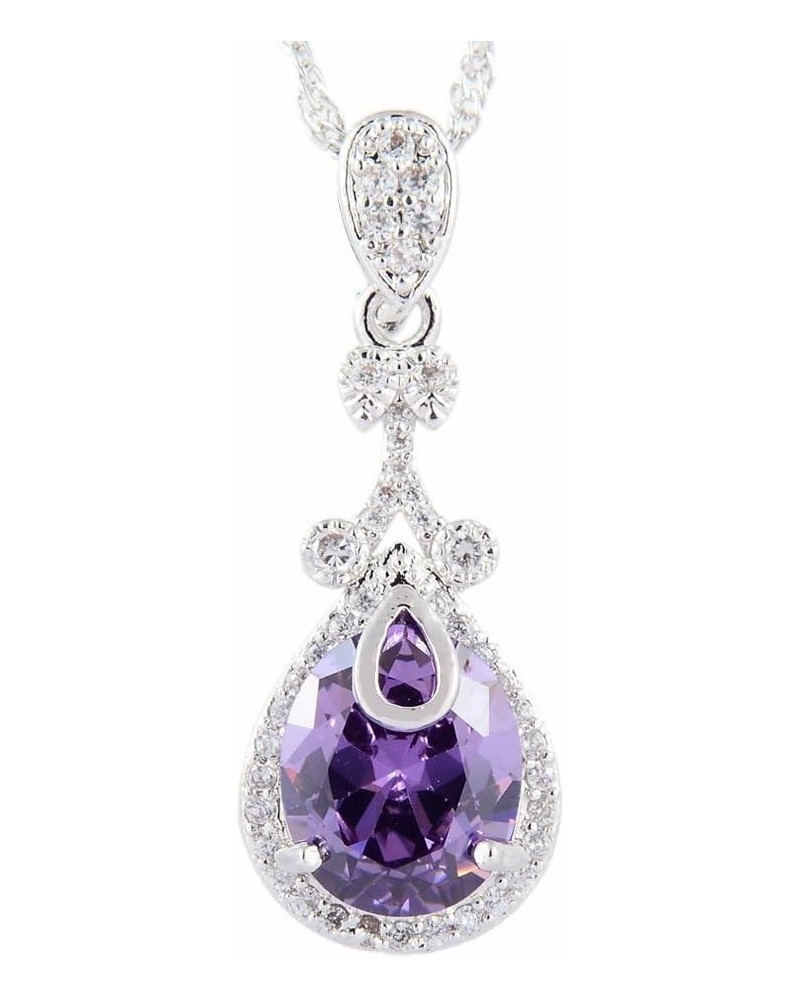 Pendant with 18" Chain & Oval Cut CZ [5 Colors available] in White Gold Plated, Simple Modern Elegant Purple $7.41 Necklaces