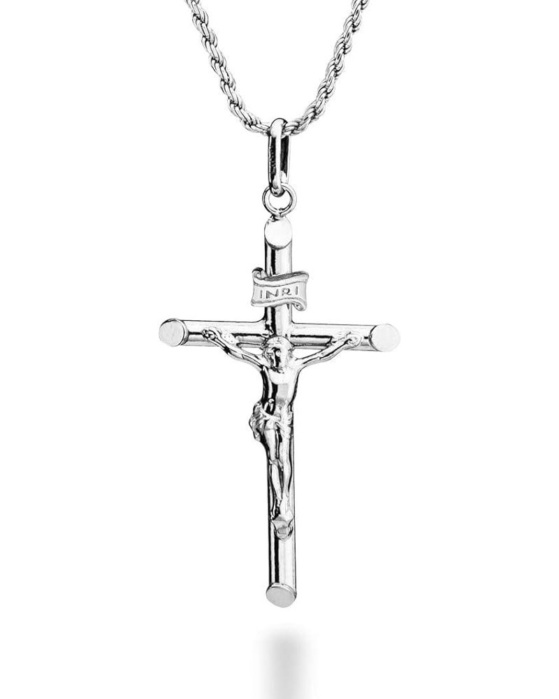 Rhodium Plated 925 Sterling Silver Small or Large Crucifix Necklace for Men Women, Cross Pendant with Rope Chain, Made in Ita...