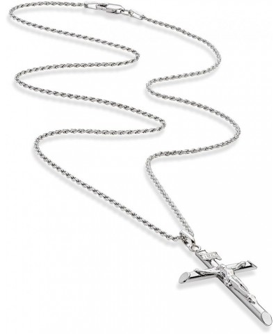 Rhodium Plated 925 Sterling Silver Small or Large Crucifix Necklace for Men Women, Cross Pendant with Rope Chain, Made in Ita...