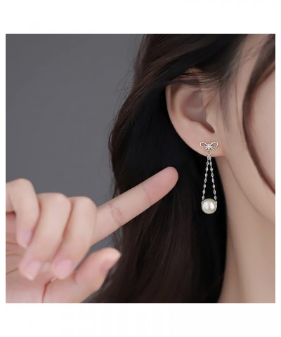 Sterling Silver Pearls Dangle Earrings Chain for Women Teen Girls Pearls Drop Earrings Bow Studs A-Silver $10.19 Earrings